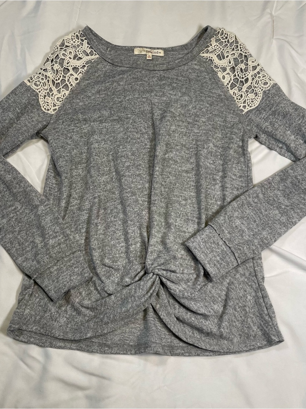 Rewind Gray Lace Shoulder Twist Front Top | Size Large | Boho Cottagecore - Picture 2 of 8